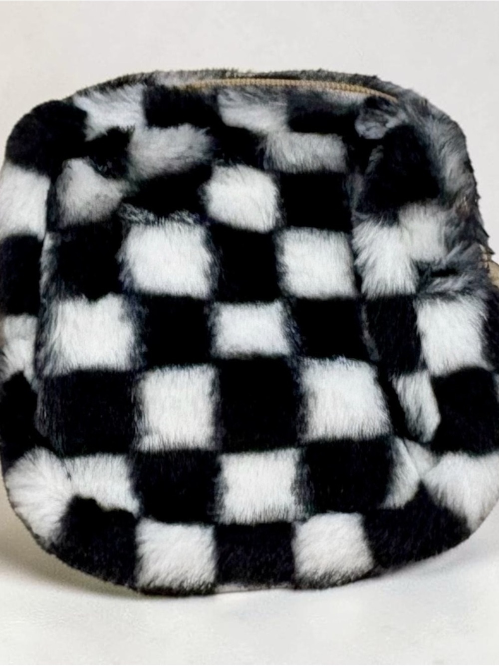 Black & White Faux Fur Checkerboard Cosmetic Pouch